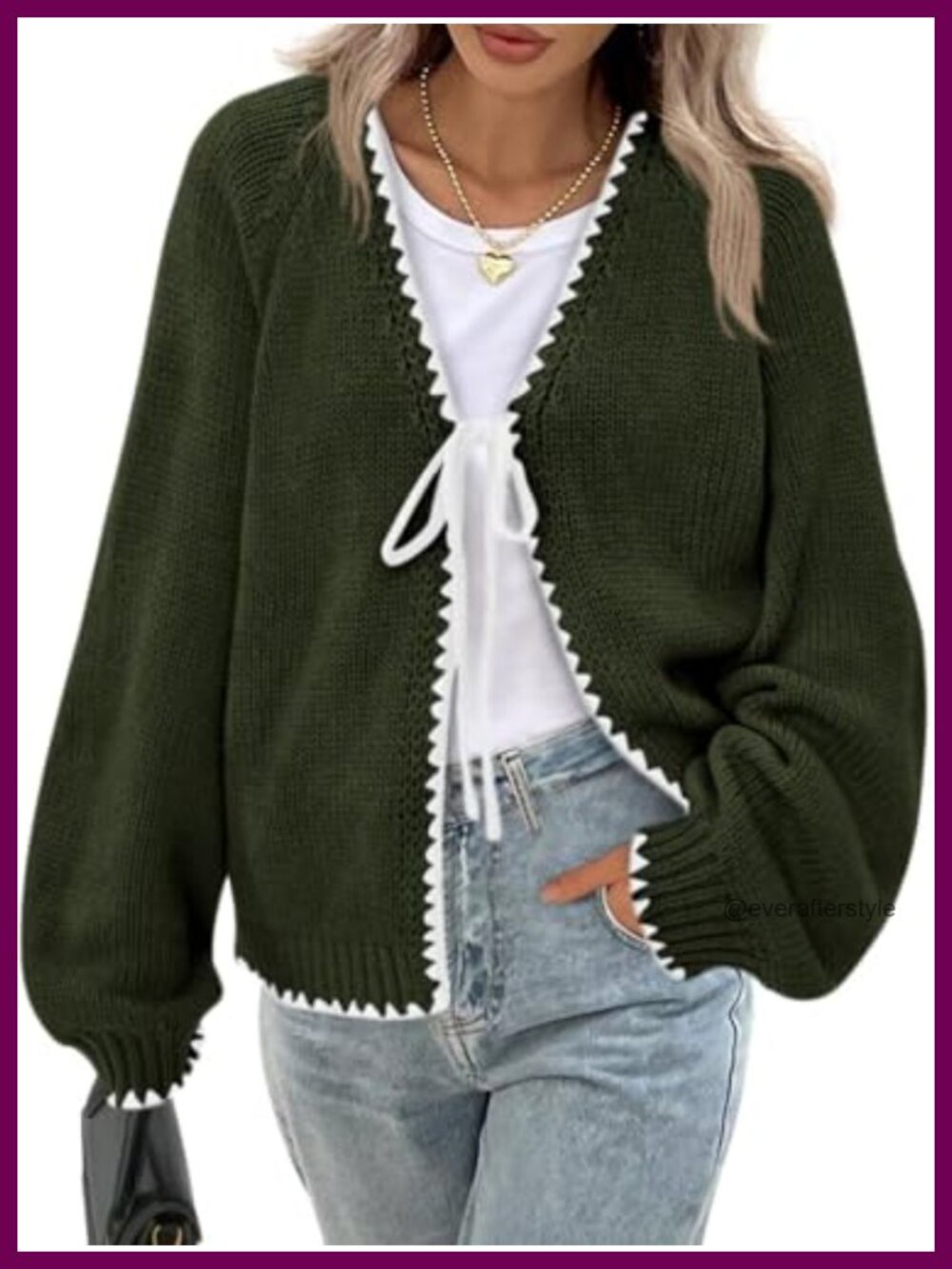 Women's Cardigan Sweater Front Tie Puff Sleeve V-Neck